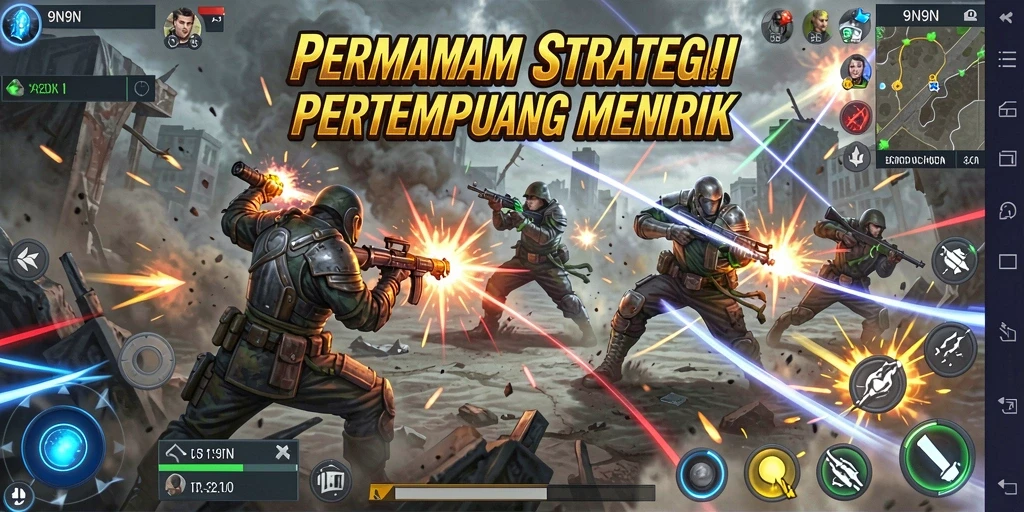Screenshot gameplay 9N9N yang menunjukkan aksi strategi pertempuran.