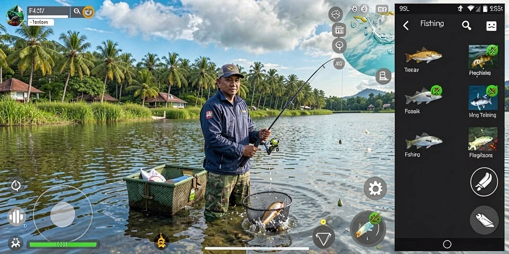 Screenshot gameplay 9SL menampilkan aksi memancing yang mendebarkan.