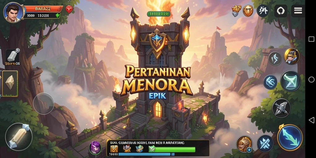 Tampilan gameplay BARA22 dengan pertahanan menara yang mengesankan.