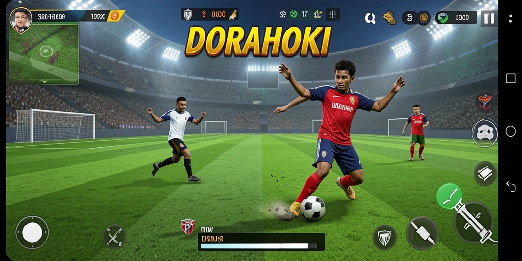 Screenshot DORAHOKI menampilkan aksi seru di lapangan sepak bola.