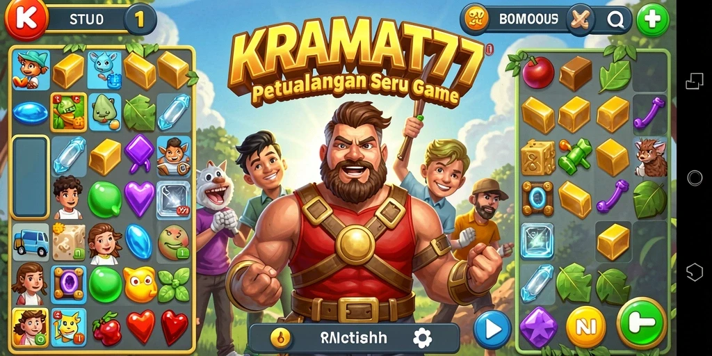 Screenshot utama KRAMAT77 menunjukkan gameplay match-3 yang seru dan colorful.