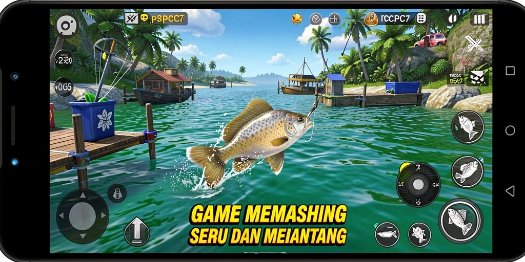 Screenshot gameplay PCPC7 dengan aksi memancing yang mengasyikkan.