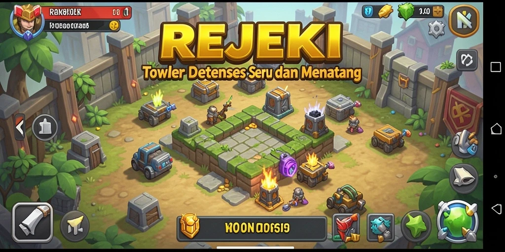 Tangkapan layar gameplay <strong>REJEKI</strong> yang menunjukkan serangan musuh dan pertahanan tower.