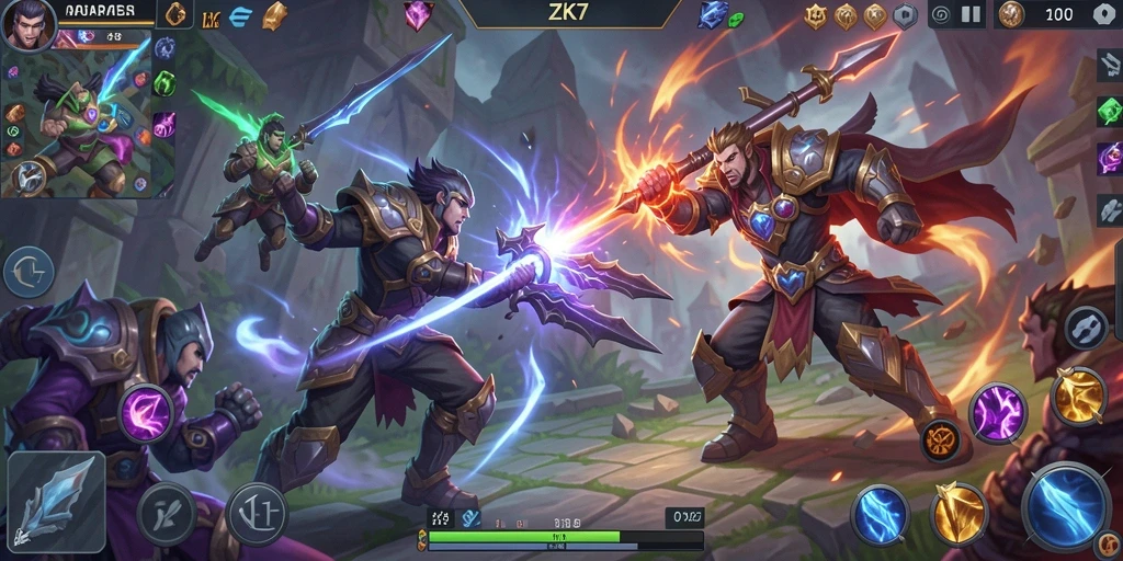 Tampilan gameplay ZK7 yang intens dan mendebarkan di arena pertempuran.